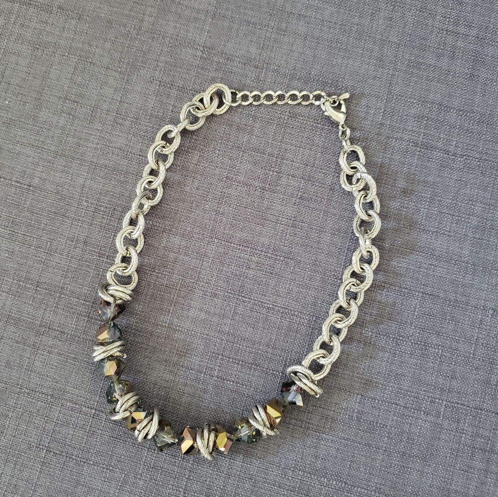 #100-Silver Tone and Black Chain Necklace Real Stones